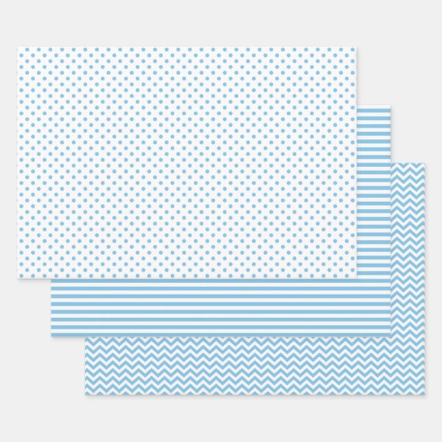 Hoja De Papel De Regalo Rayas claras azules y blancas Puntos Chevron Polka (Set)
