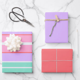 Hoja De Papel De Regalo Rayas Coloridas, Rosa Coral y Malva Cumpleaños 