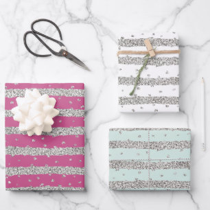 Hoja De Papel De Regalo Rayas de confetti de plata de menta rosada con esp