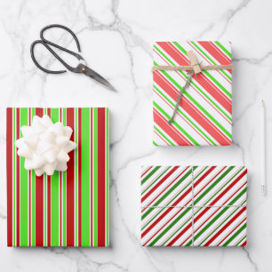 Hoja De Papel De Regalo Rayas de estilo Navidad de color verde, blanco y r