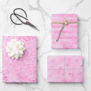 Hoja De Papel De Regalo Rayas de leopardo en acuarela rosa pastel Estrella