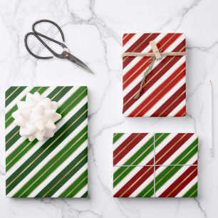 Hoja De Papel De Regalo Rayas de Navidad rojas, blancas y verdes festivas