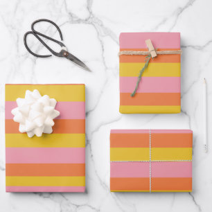 Hoja De Papel De Regalo Rayas de verano cortas en Naranja amarillo rosado 