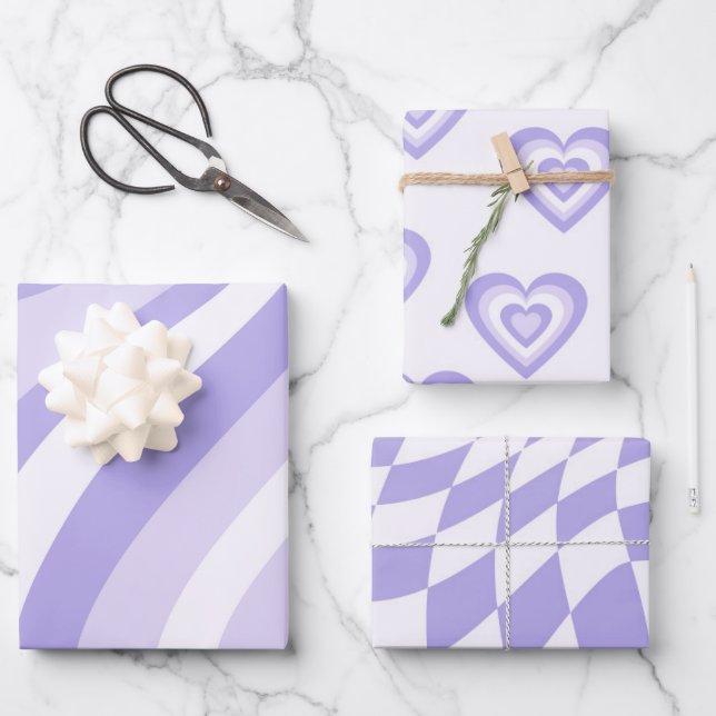 Hoja De Papel De Regalo Rayas geométricas púrpura Corazones cuadradas 70 (Anverso)