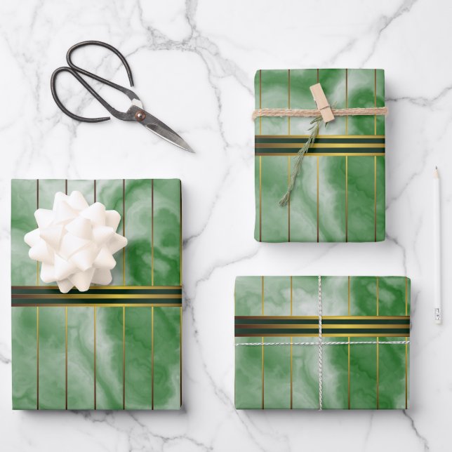 Hoja De Papel De Regalo Rayas Geométricas Verdes Y Oro Marble Esmeralda (Anverso)