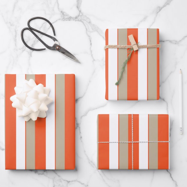 Hoja De Papel De Regalo Rayas grises blancas naranja (Anverso)