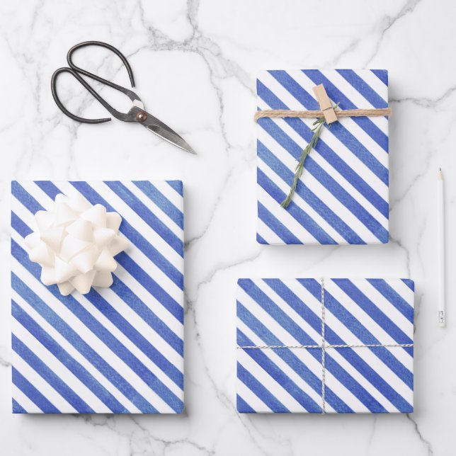 Hoja De Papel De Regalo Rayas náuticas azul y blanco (Anverso)
