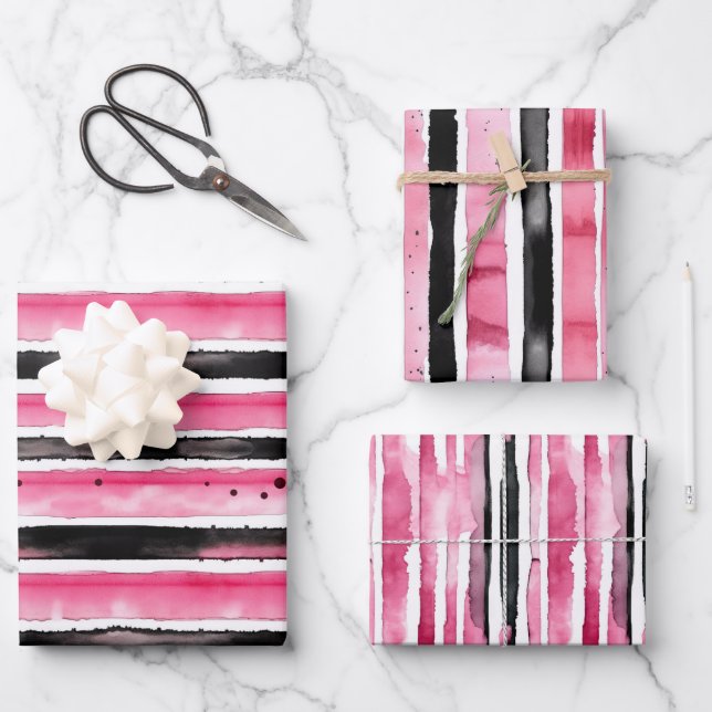 Hoja De Papel De Regalo Rayas negras rosadas y negras (Anverso)