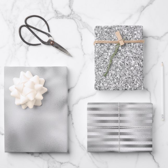 Hoja De Papel De Regalo Rayas Purpurinas Glam Silver (Anverso)