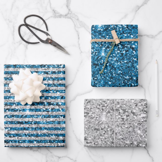 Hoja De Papel De Regalo Rayas Purpurinas turquesas plateadas (Anverso)