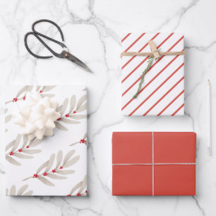 Hoja De Papel De Regalo Rayas rojas, Follaje beige, Fiesta