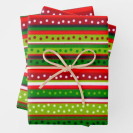 Hoja De Papel De Regalo Rayas rojas y verdes con Navidades de puntos de po
