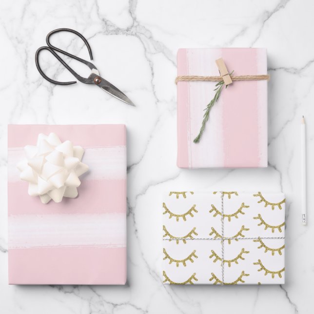 Hoja De Papel De Regalo Rayas rosadas de oro Purpurina de ojivas esparcen (Anverso)