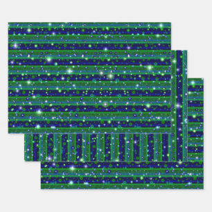 Hoja De Papel De Regalo Rayas verdes azules con estrellas y gotas de lluvi