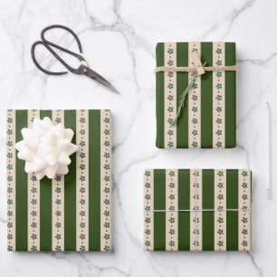 Hoja De Papel De Regalo Rayas y Flores Verdes y Crema
