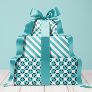 Hoja De Papel De Regalo Rayas y lunares de cara feliz azul