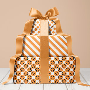 Hoja De Papel De Regalo Rayas y lunares de cara feliz naranja