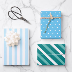 Hoja De Papel De Regalo Rayas y puntos blancos azules y frescos