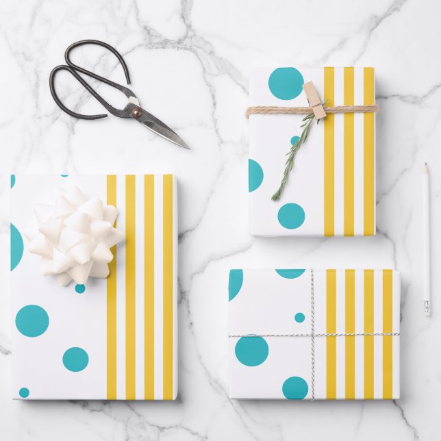 Hoja De Papel De Regalo Rayas y puntos - turquesa y amarilla (Anverso)