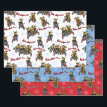 Hoja De Papel De Regalo Rebeldes sin un trío naviero de renos Claus<br><div class="desc">Ilustracion humorístico de la banda de motociclistas de renos buscando a su líder,  Santa Claus. Este diseño está disponible en una variedad de productos para el hogar y ropa para toda la familia. Este trío está decorado en tonos blancos,  rojos y azules.</div>