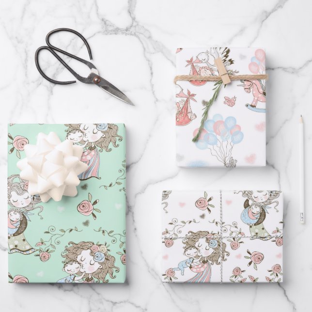 Hoja De Papel De Regalo Recién nacido Baby Shower Mamá y Bebé (Anverso)