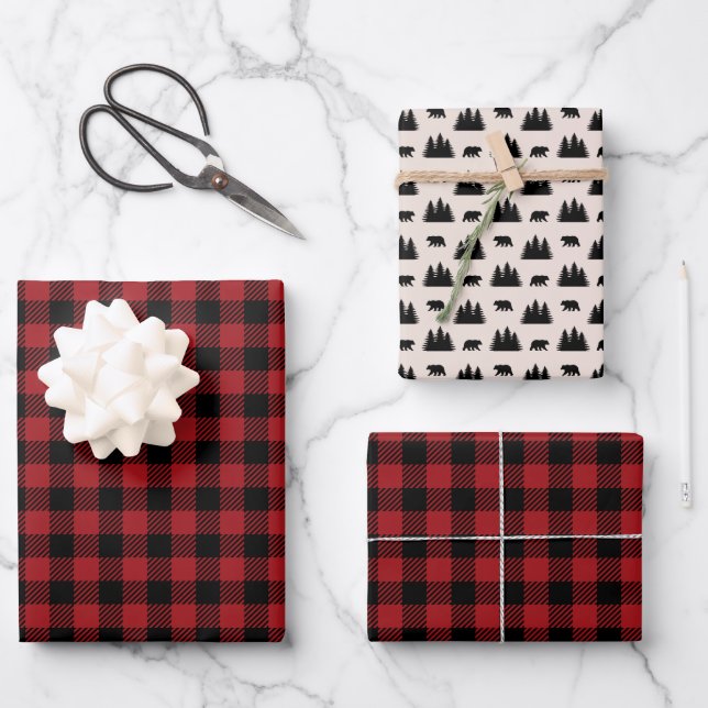 Hoja De Papel De Regalo Red and Black Plaid Woodland (Anverso)