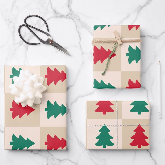 Hoja De Papel De Regalo Red and Green Christmas Trees Pattern (Anverso)