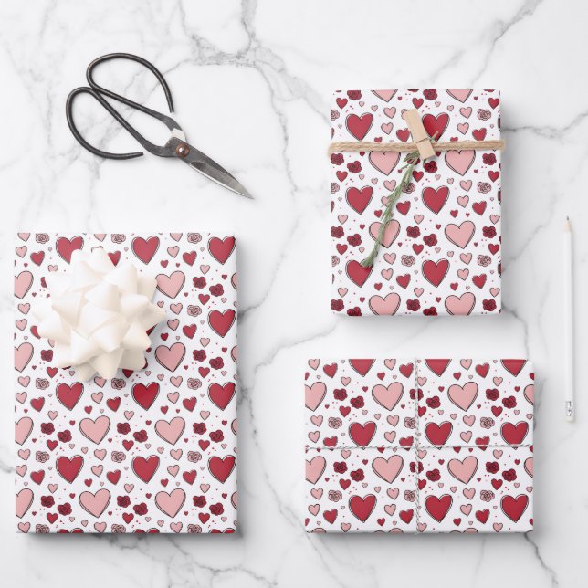 Hoja De Papel De Regalo Red and Pink Hearts and Roses Doodle Art (Anverso)