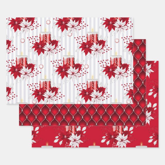 Hoja De Papel De Regalo Red Candle & Poinsettia Peppermint Christmas (Set)