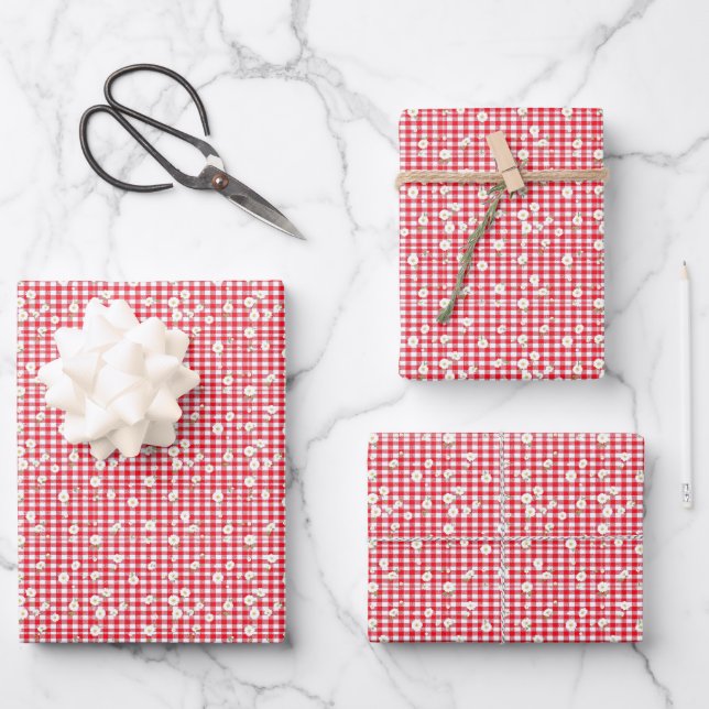 Hoja De Papel De Regalo Red Gingham with Little White Daisies (Anverso)