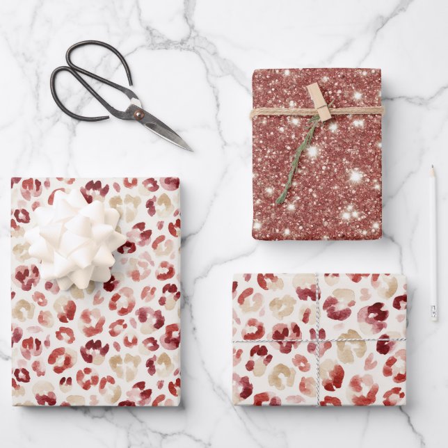 Hoja De Papel De Regalo Red Glitter Cream Leopard Animal Print Birthday (Anverso)
