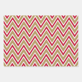 Hoja De Papel De Regalo Red, Gold, and White Chevron & Stripe Patterns