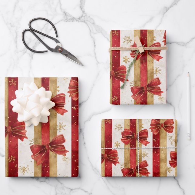 Hoja De Papel De Regalo Red Gold Christmas Bows  (Anverso)