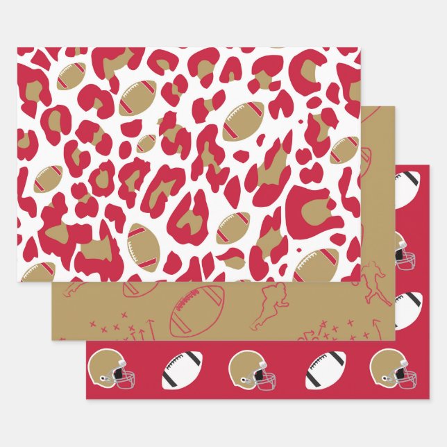 Hoja De Papel De Regalo Red & Gold Football Leopard Print Game Day Pattern (Set)