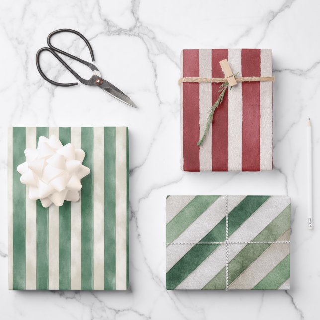 Hoja De Papel De Regalo Red Green Cream Stripes Christmas (Anverso)