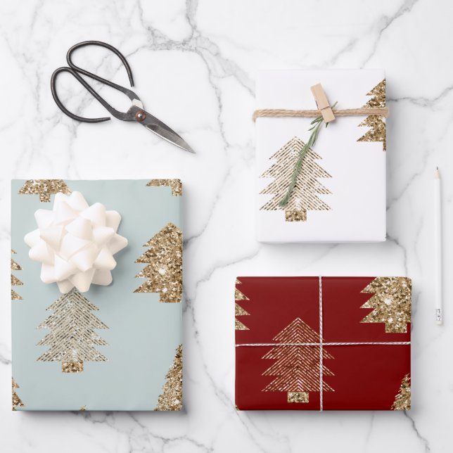 Hoja De Papel De Regalo Red Green Mint Gold Glitter Glam Christmas Trees (Anverso)