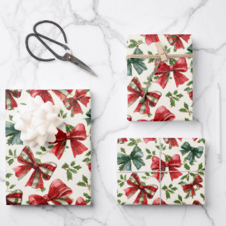 Hoja De Papel De Regalo Red Green Retro Plaid Bows Christmas