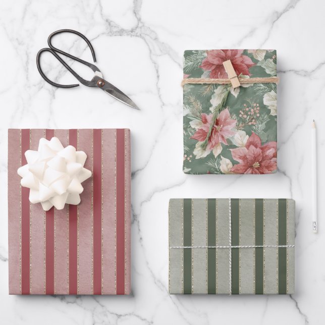 Hoja De Papel De Regalo Red Green Stripes Floral Christmas (Anverso)