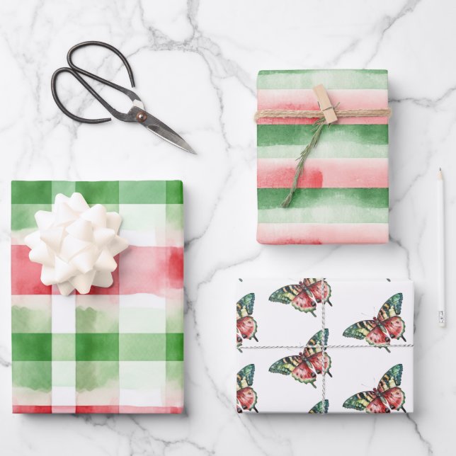 Hoja De Papel De Regalo Red Green White Stripes Birthday (Anverso)