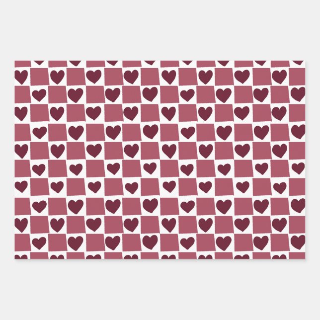 Hoja De Papel De Regalo Red Heart Checkerboard Pattern (Anverso)