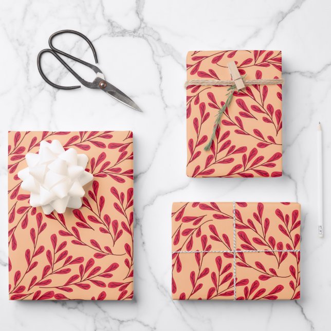 Hoja De Papel De Regalo  Red Leafy Branches Seamless Pattern (Anverso)