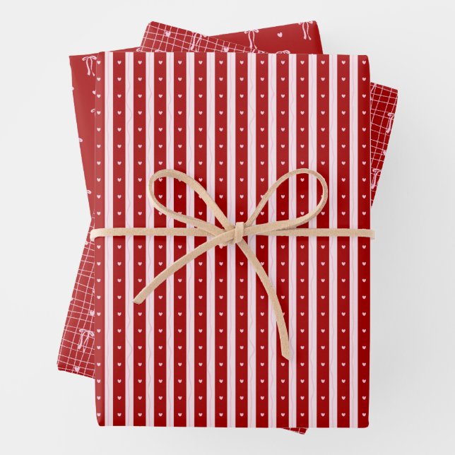 Hoja De Papel De Regalo Red Pink Hand Drawn Hearts Bows Valentine’s Day (In situ)