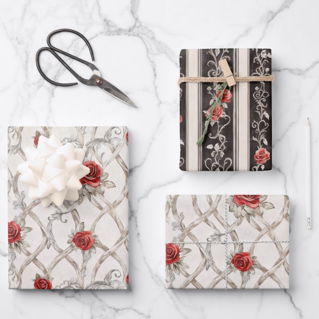 Hoja De Papel De Regalo Red Roses Faux Wood Floral Wedding (Anverso)