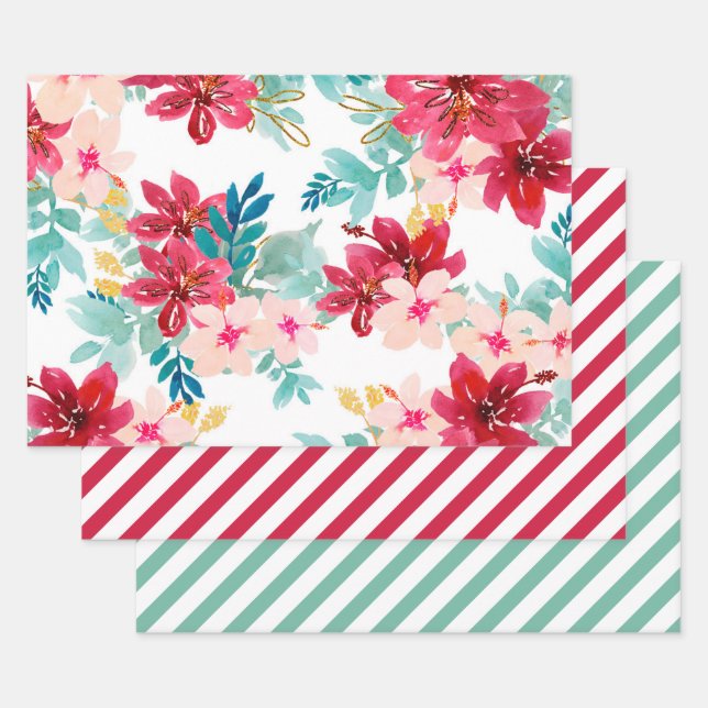 Hoja De Papel De Regalo Red Verde azulada acuarela Floral Greeneración Str (Set)