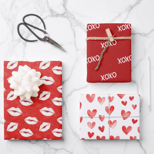 Hoja De Papel De Regalo Red White Kiss Lips Flirty Love XO Valentine's day (Anverso)