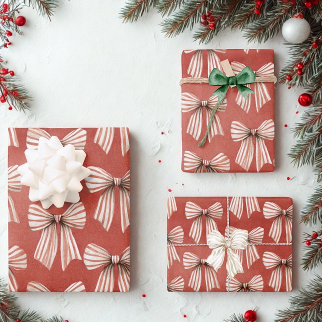 Hoja De Papel De Regalo Red White Stripes Bows Christmas (Red white stripes bows Christmas wrapping paper sheets, set of 3)