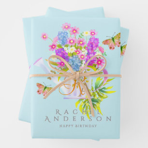 Hoja De Papel De Regalo Regadera de flores campestres Monograma Azul