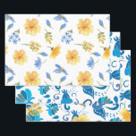 Hoja De Papel De Regalo Regaderío floral azul baldosas italianas ducha de<br><div class="desc">Este diseño floral de acuarela presenta elegantes flores de acuarela en color amarillo con fondo italiano azul y blanco. Un regalo perfecto y elegante papel de envolver para ducha de novia azul moderna. Envíeme un mensaje con cualquier ayuda o pedidos personalizados.</div>