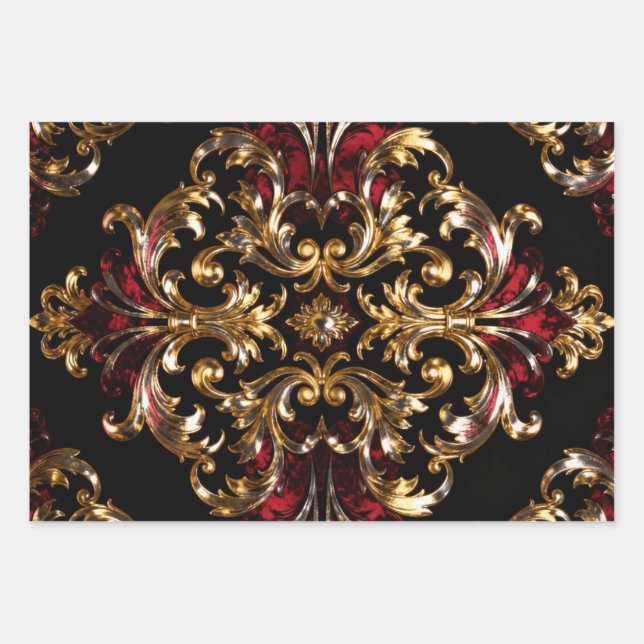 Hoja De Papel De Regalo Regal Noir Pattern | Gold Scrollwork & Crimson (Anverso)