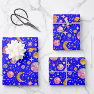 Hoja De Papel De Regalo Regalo de fondo de color azul para el planeta espa